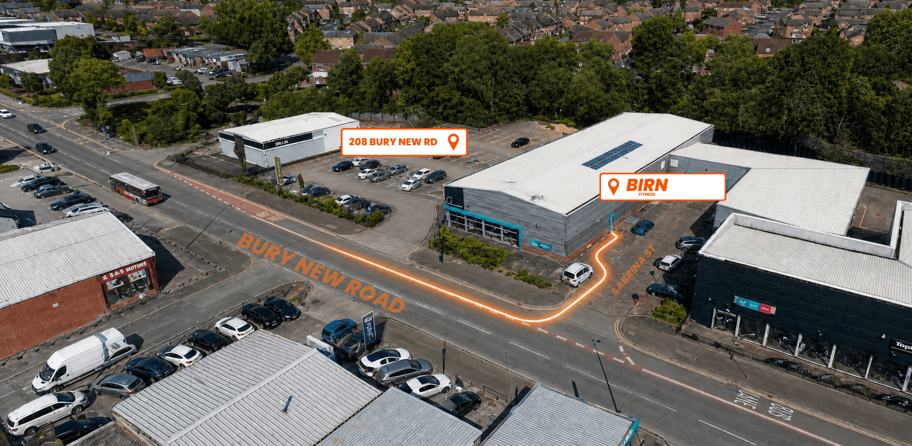 Aerial view of Birn Fitness at Sabrina St, Manchester M8